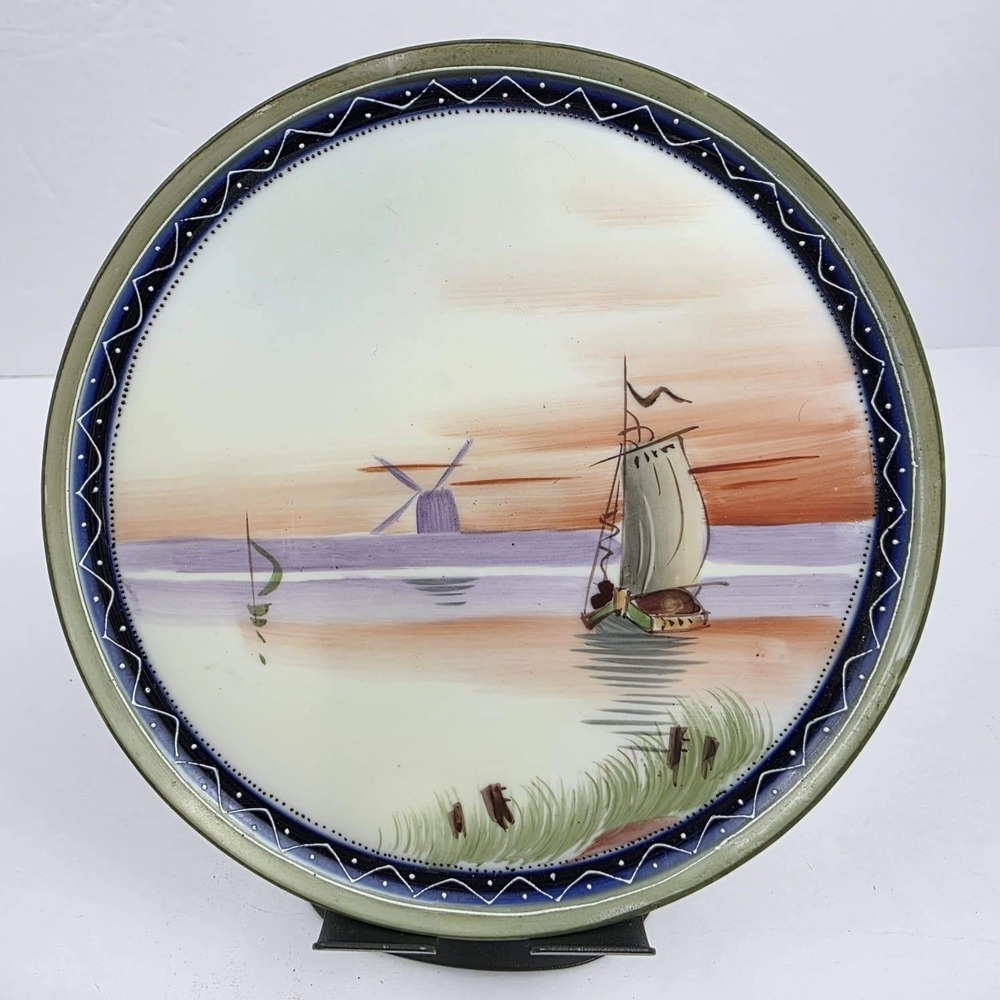 Vintage Hand Painted Nippon Porcelain Plate Sailboat Windmill Landscape 6.25"